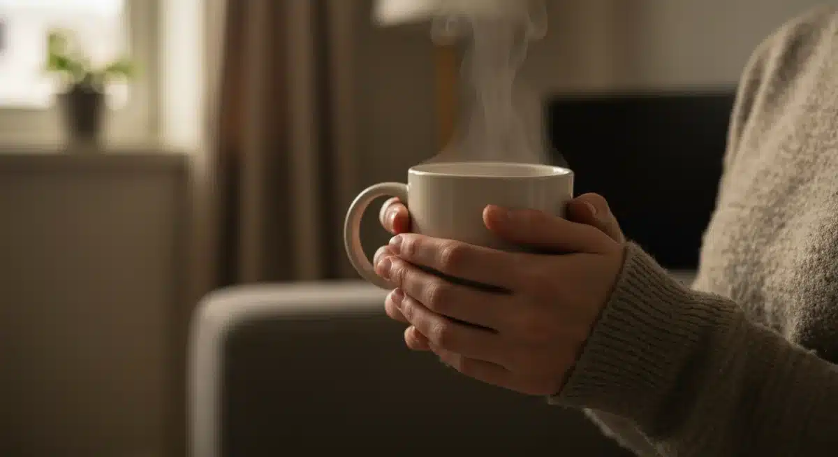Hands holding tea, practicing mindful pause in a US home.