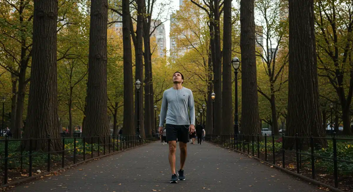 Person mindfully walking in a bustling US urban park.