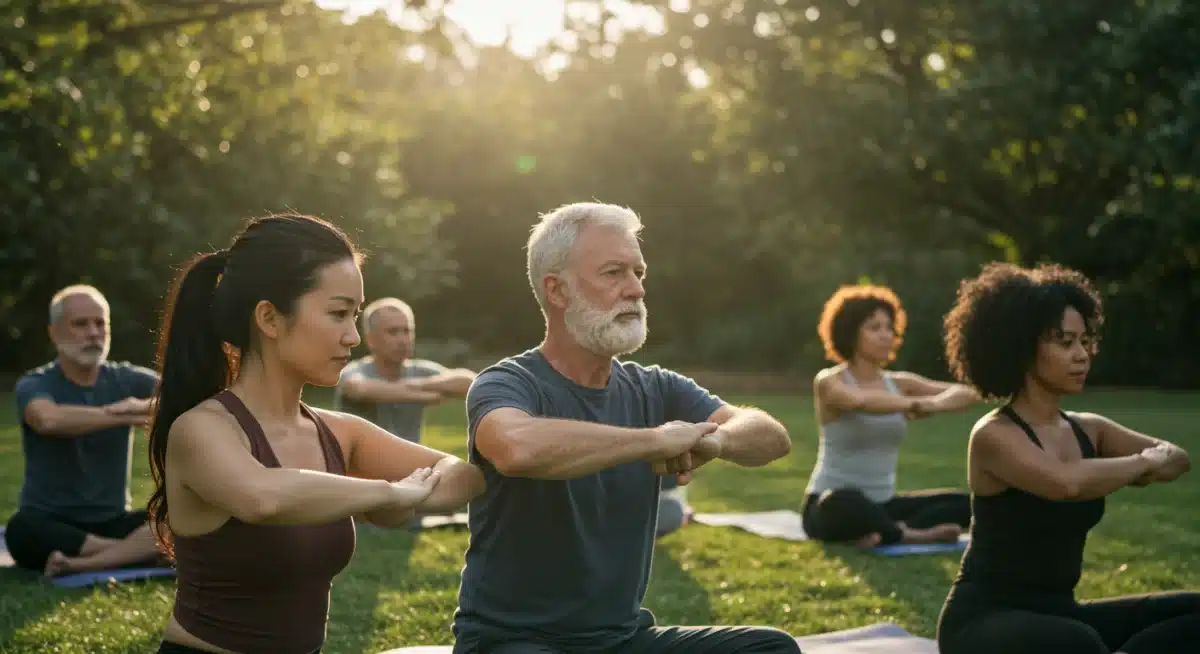 Diverse group practicing outdoor yoga in nature retreat