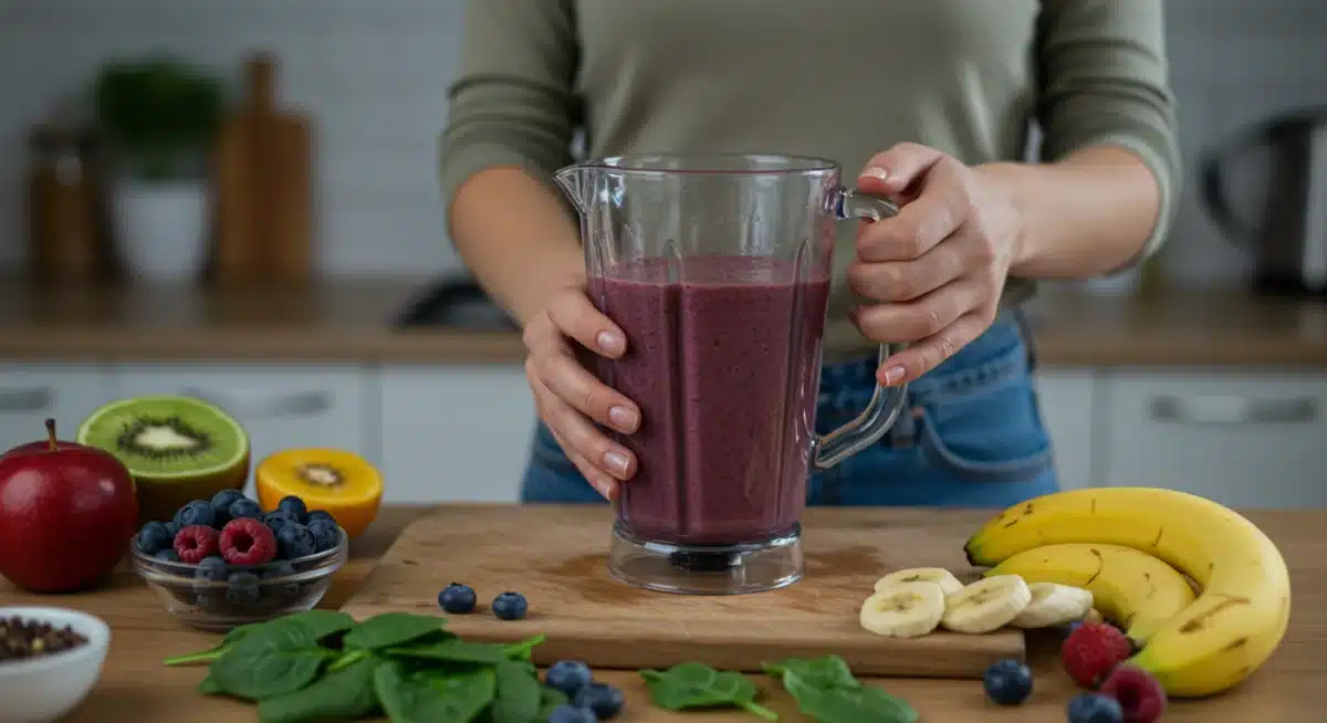 Person blending a colorful, fresh plant-based smoothie with berries and spinach in a modern kitchen.