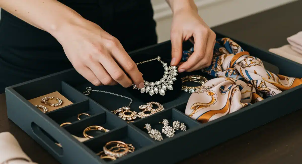Hands selecting accessories for outfit completion