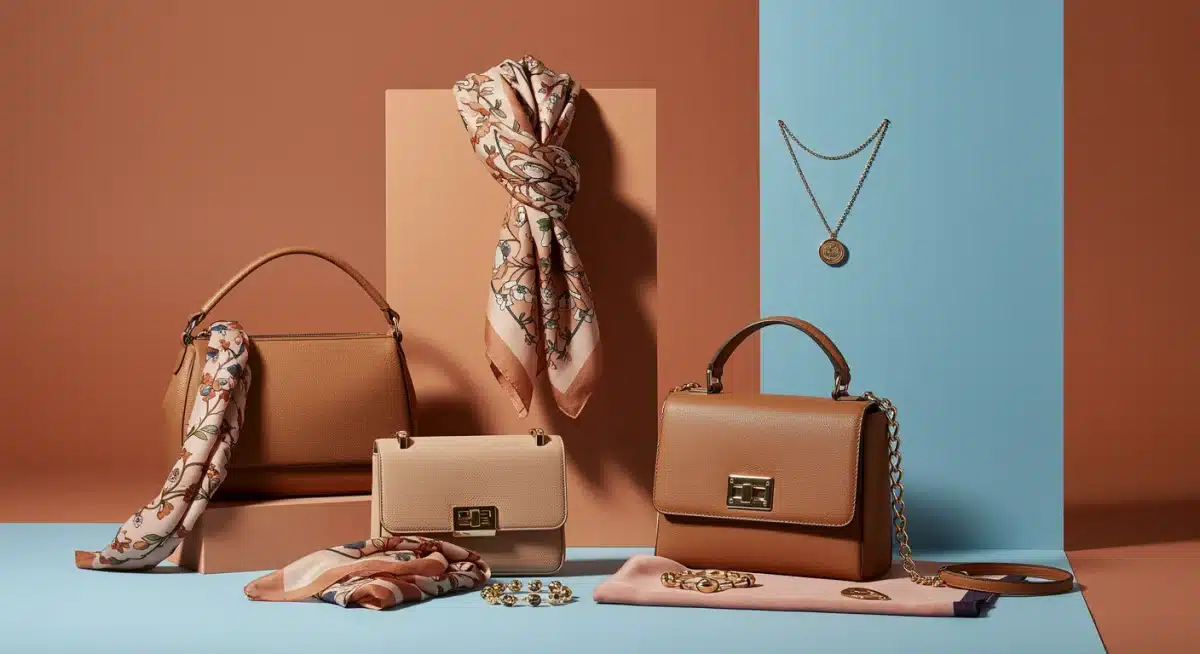 Spring 2025 fashion accessories in terracotta and sky blue accents.