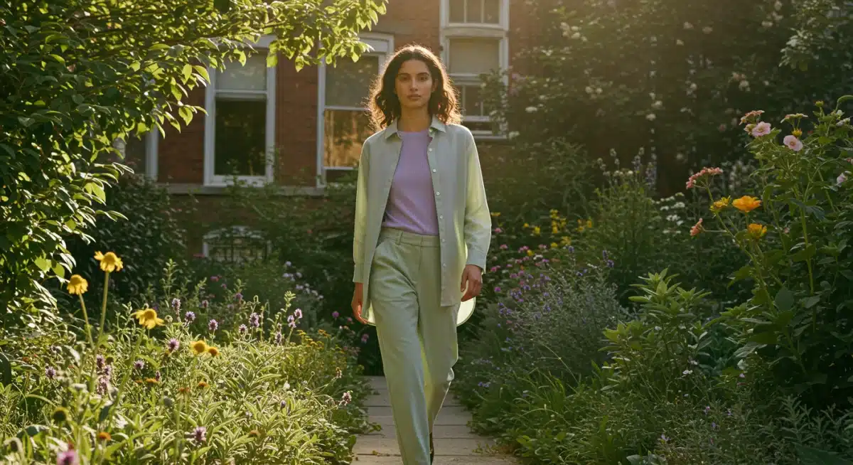 Model in soft lavender and sage green outfit, showcasing Spring 2025 fashion colors.