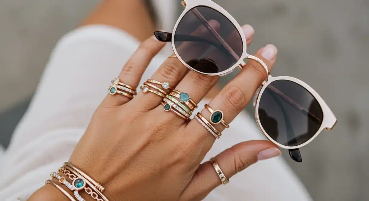 Hand with stacked rings, bracelets, and modern sunglasses