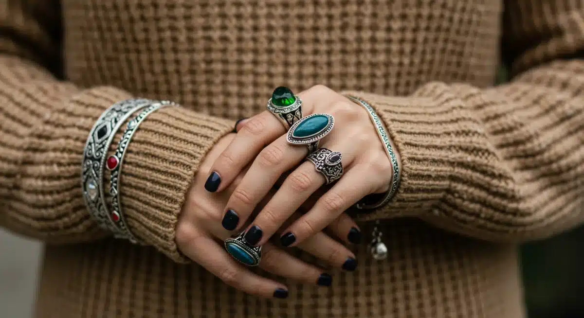 Close-up of hands with statement rings and layered bracelets, showing 2025 jewelry trends