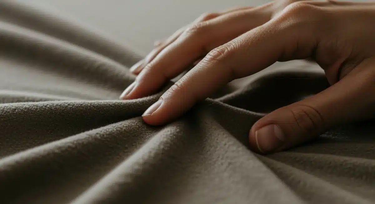 Hand touching soft, naturally dyed organic cotton fabric, symbolizing sustainable textile production.
