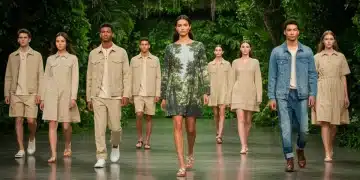 Models showcasing eco-friendly clothing from organic cotton, recycled materials, and upcycled denim on a runway with natural lighting and green foliage.