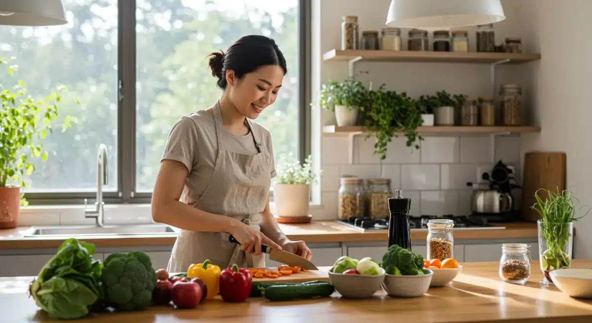 Person preparing a vibrant plant-based meal, reflecting sustainable nutrition habits