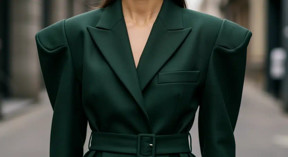 Detail of tailored blazer from 2025 fashion trends, showcasing refined structure and sustainable fabric in an urban context.