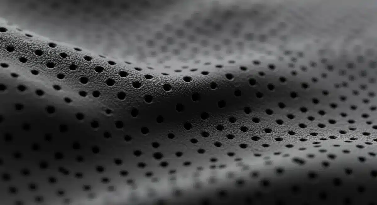 Close-up of a high-performance, moisture-wicking fabric with intricate technical details.