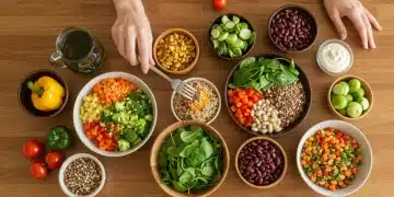 Vibrant plant-based meal with colorful vegetables and whole grains on a wooden table, ready to be enjoyed.