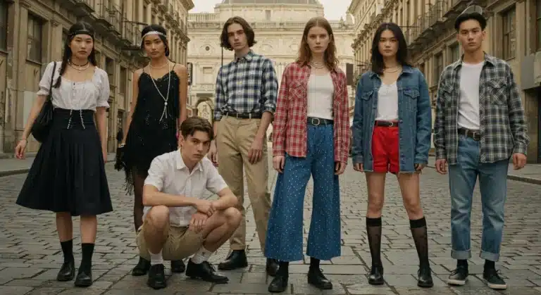 Stylishly dressed individuals showcasing diverse vintage fashion eras influencing US trends in 2025.