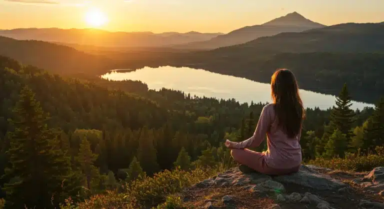 Woman meditating at sunrise on mountain, embracing wellness travel