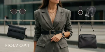 Stylish woman showcasing 2026 accessory trends with oversized belt, smartwatch, geometric necklace, sustainable sunglasses, and modular handbag in an urban setting.