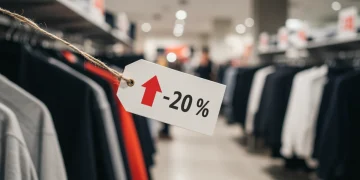 Price tag on clothing showing a 7% increase, symbolizing rising apparel costs.