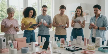 Consumers actively testing a range of new products, from electronics to cosmetics, in a modern home environment.