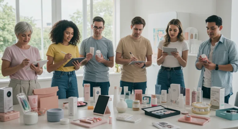 Consumers actively testing a range of new products, from electronics to cosmetics, in a modern home environment.