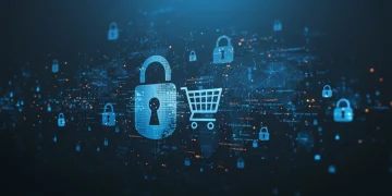 Digital lock and shopping cart symbolizing data privacy in e-commerce