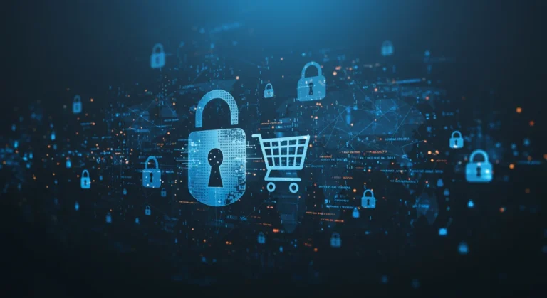 Digital lock and shopping cart symbolizing data privacy in e-commerce