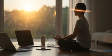 Person meditating for digital wellness amidst blurred tech devices