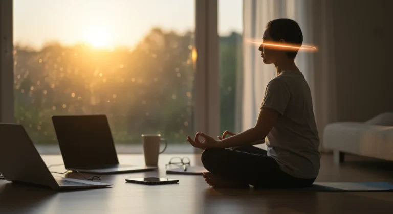 Person meditating for digital wellness amidst blurred tech devices