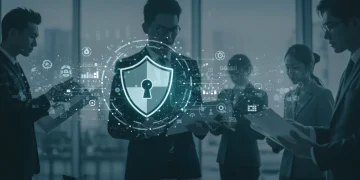 Illustration of FTC online protection shield over digital network