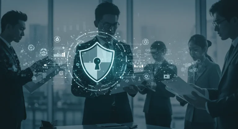 Illustration of FTC online protection shield over digital network