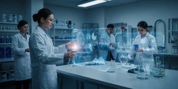 Futuristic lab with holographic displays showing 2026 product testing data for consumer goods