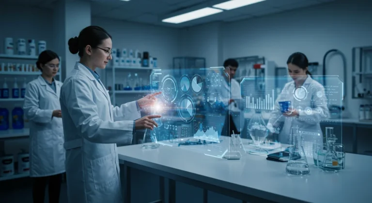 Futuristic lab with holographic displays showing 2026 product testing data for consumer goods