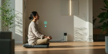 Person meditating peacefully in a modern living room with integrated smart tech for mindful well-being.
