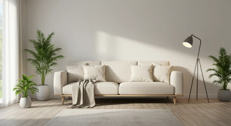 Modern living room with natural light and plants for well-being