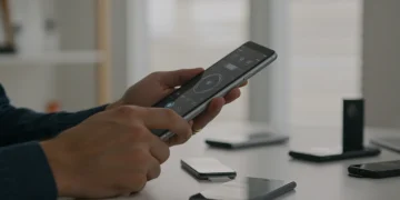 Product tester examining a futuristic smart device in a modern office