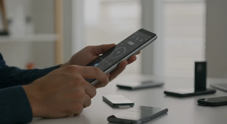 Product tester examining a futuristic smart device in a modern office