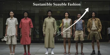 Sustainable fashion brands dominating US market share by 15% in 2026, with models wearing eco-friendly clothing.