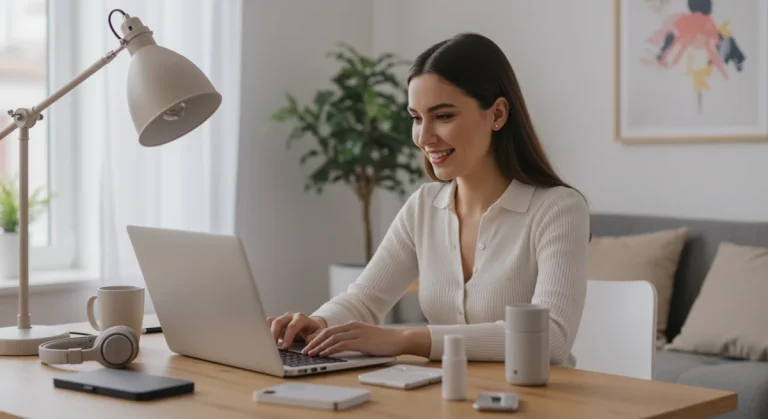 Woman testing products at home, earning money online